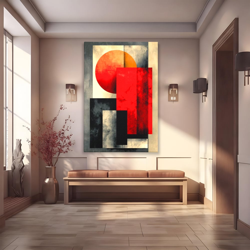 Tablou canvas cu tablou abstract geometric cu soare rosu, fara rama, pe sasiu de lemn